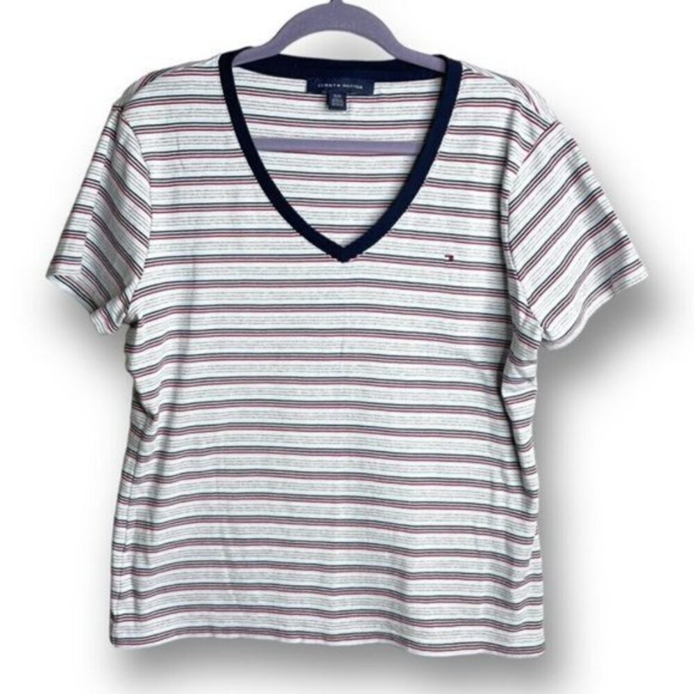 Tommy Hilfiger XL White Blue Striped Nautical V Neck Classic Comfy Cotton Tee